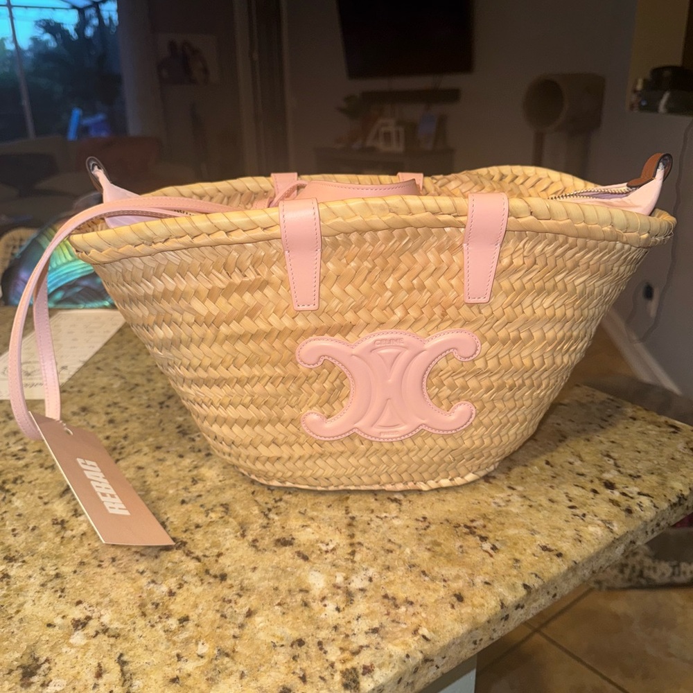 Authentic Celine Triomphe Pink and Tan Straw Tote